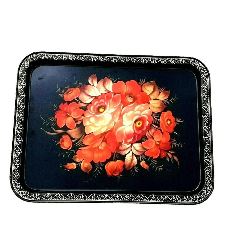 Zhostovo Tray USSR Russian Folk Art Hand Painted Rosmaling Orange Flowers